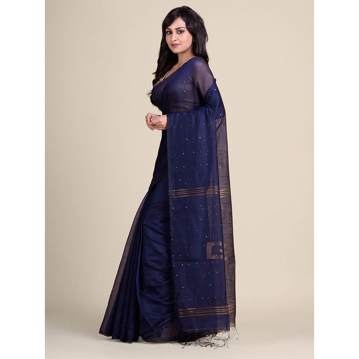 CHARUKRITI Blue Gold-Toned Woven Design Handloom Saree without Blouse