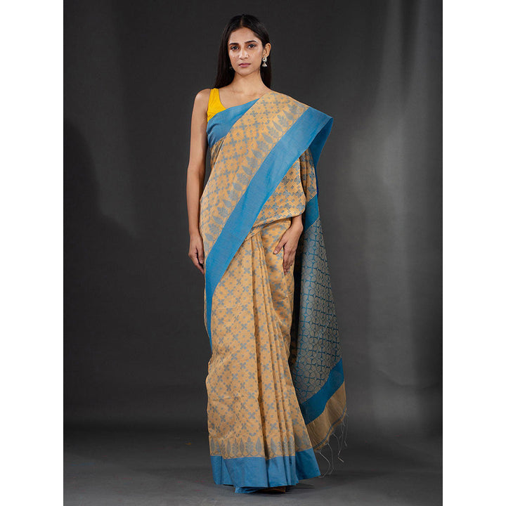 CHARUKRITI Beige Handspun Cotton Hand Woven Soft Saree with Floral Design with Unstitched Blouse