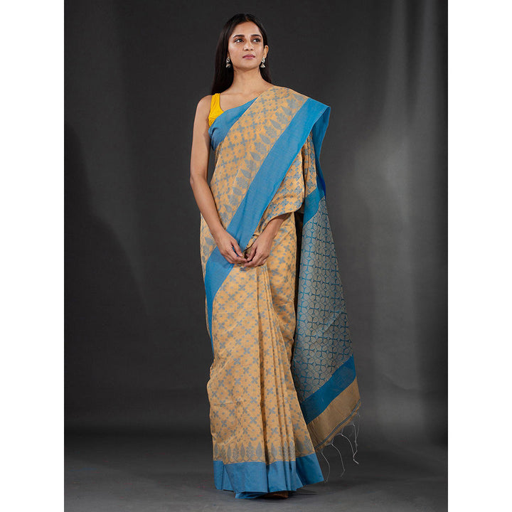 CHARUKRITI Beige Handspun Cotton Hand Woven Soft Saree with Floral Design with Unstitched Blouse