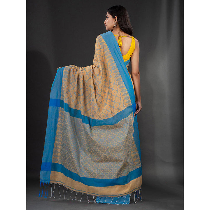 CHARUKRITI Beige Handspun Cotton Hand Woven Soft Saree with Floral Design with Unstitched Blouse