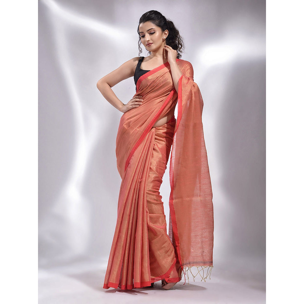 CHARUKRITI Pink Tissue Handwoven Soft Saree with Unstitched Blouse