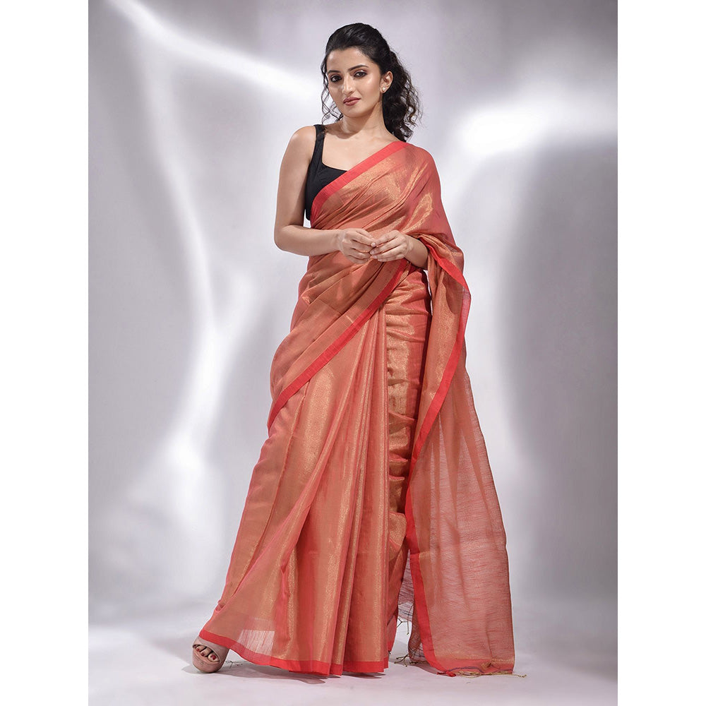 CHARUKRITI Pink Tissue Handwoven Soft Saree with Unstitched Blouse