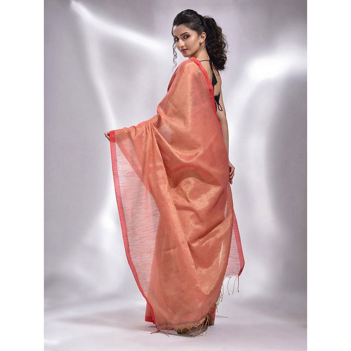 CHARUKRITI Pink Tissue Handwoven Soft Saree with Unstitched Blouse