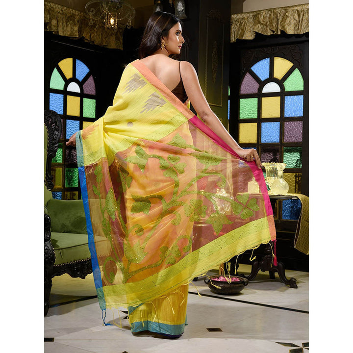 CHARUKRITI Yellow Blended Cotton Handwoven Soft Saree with Resham Pallu with Unstitched Blouse