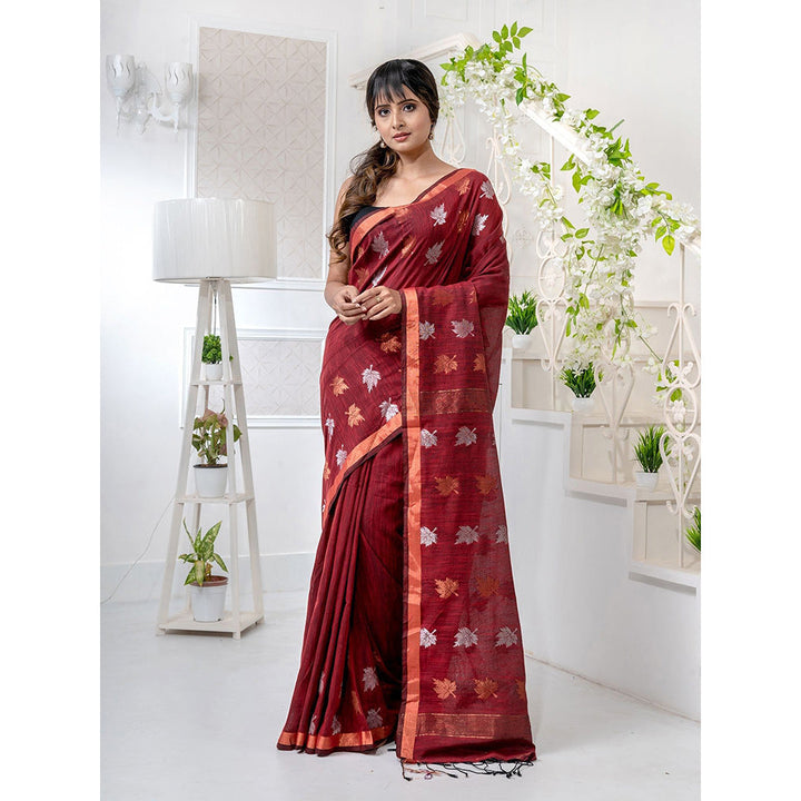 CHARUKRITI Red Linen Handwoven Soft Saree with Zari Border with Unstitched Blouse