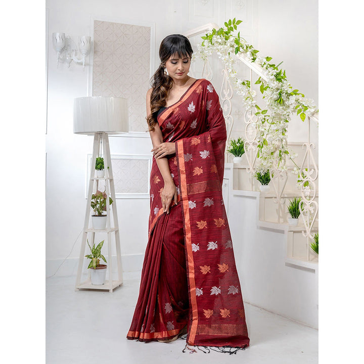 CHARUKRITI Red Linen Handwoven Soft Saree with Zari Border with Unstitched Blouse