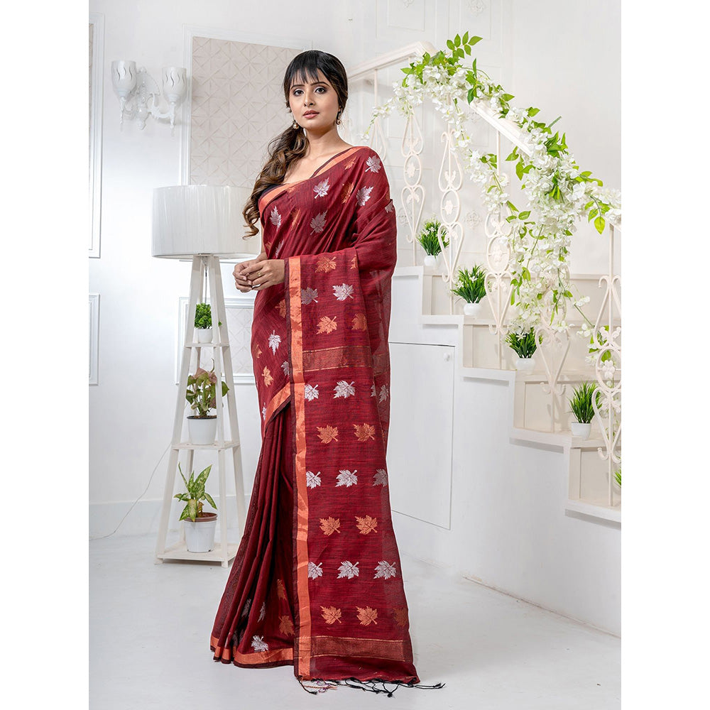 CHARUKRITI Red Linen Handwoven Soft Saree with Zari Border with Unstitched Blouse