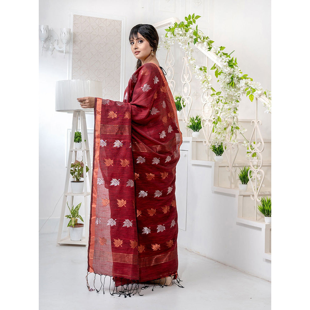 CHARUKRITI Red Linen Handwoven Soft Saree with Zari Border with Unstitched Blouse