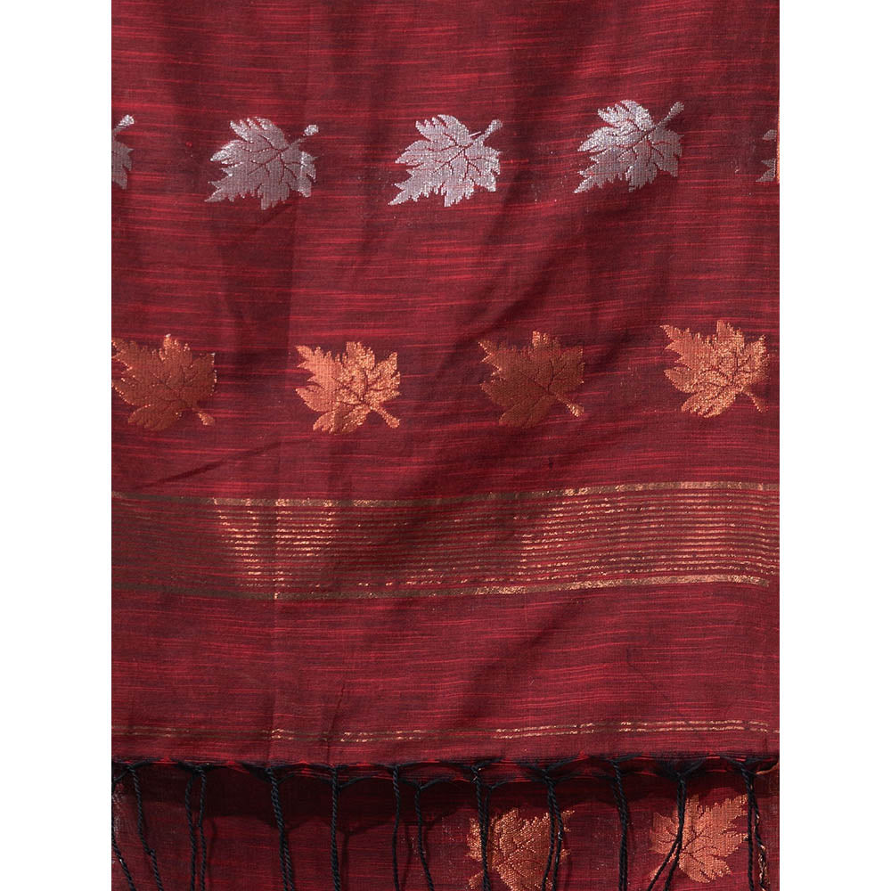 CHARUKRITI Red Linen Handwoven Soft Saree with Zari Border with Unstitched Blouse