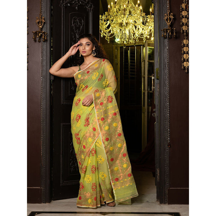 CHARUKRITI Lime Green Silk Cotton Handwoven Jamdani Saree