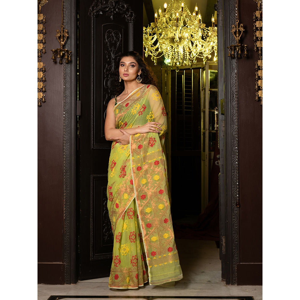 CHARUKRITI Lime Green Silk Cotton Handwoven Jamdani Saree