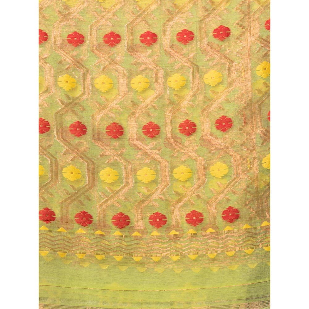 CHARUKRITI Lime Green Silk Cotton Handwoven Jamdani Saree