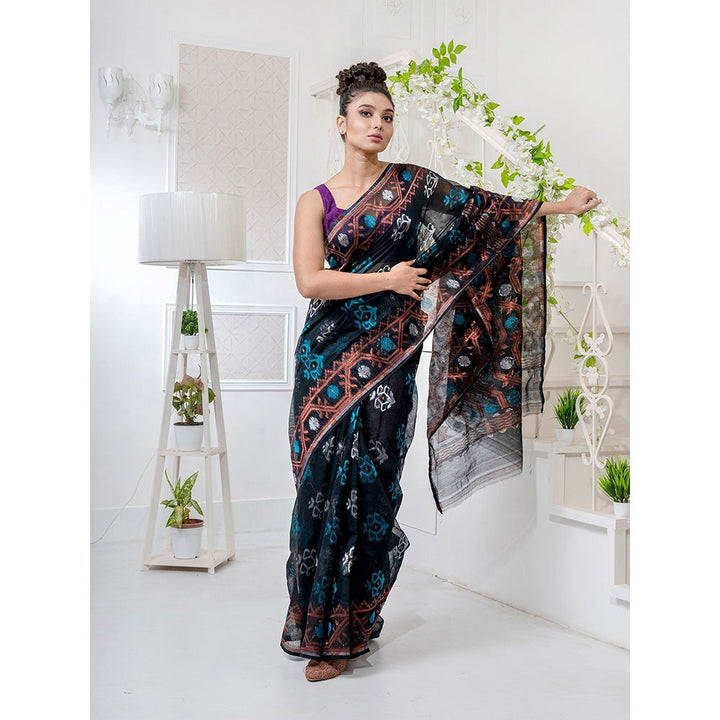 CHARUKRITI Black Silk Cotton Handwoven Jamdani Saree