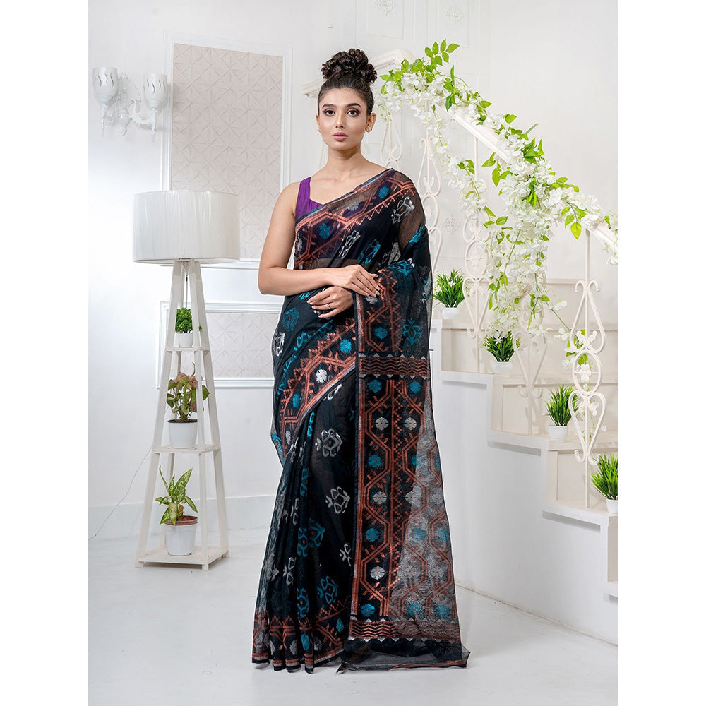 CHARUKRITI Black Silk Cotton Handwoven Jamdani Saree