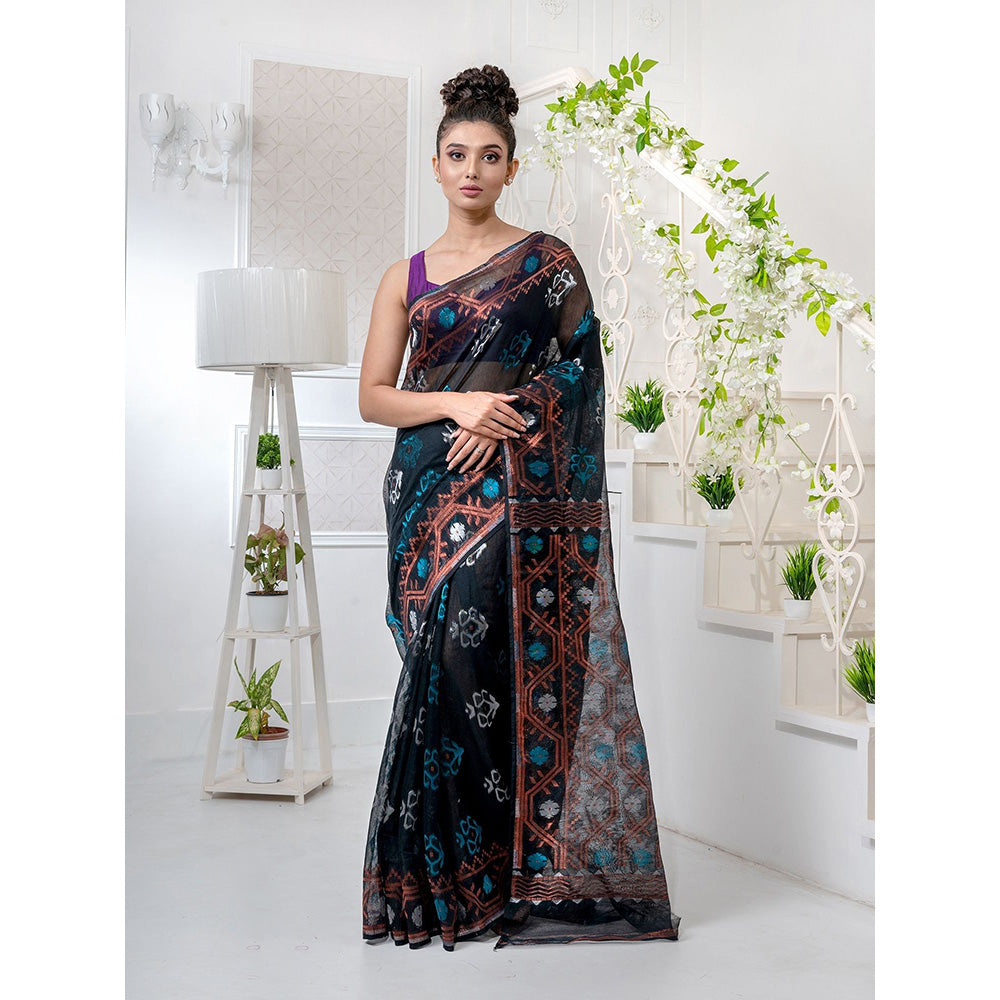 CHARUKRITI Black Silk Cotton Handwoven Jamdani Saree