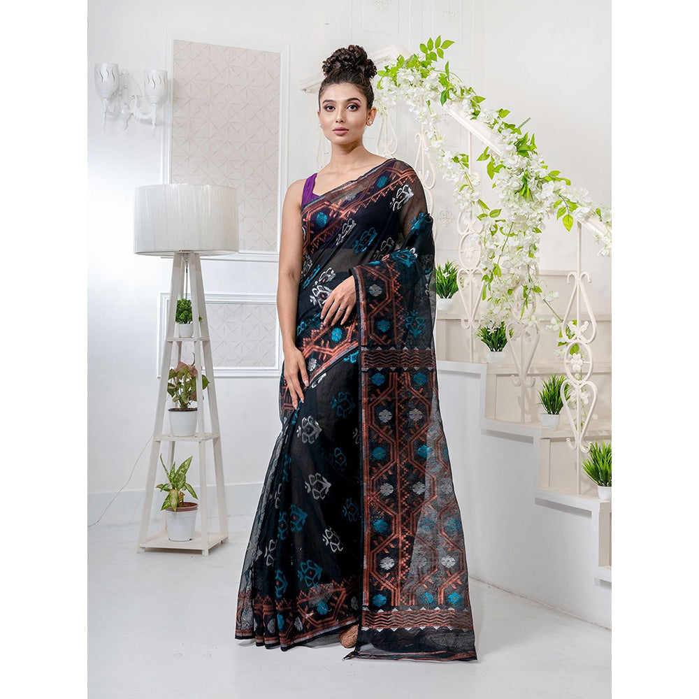 CHARUKRITI Black Silk Cotton Handwoven Jamdani Saree