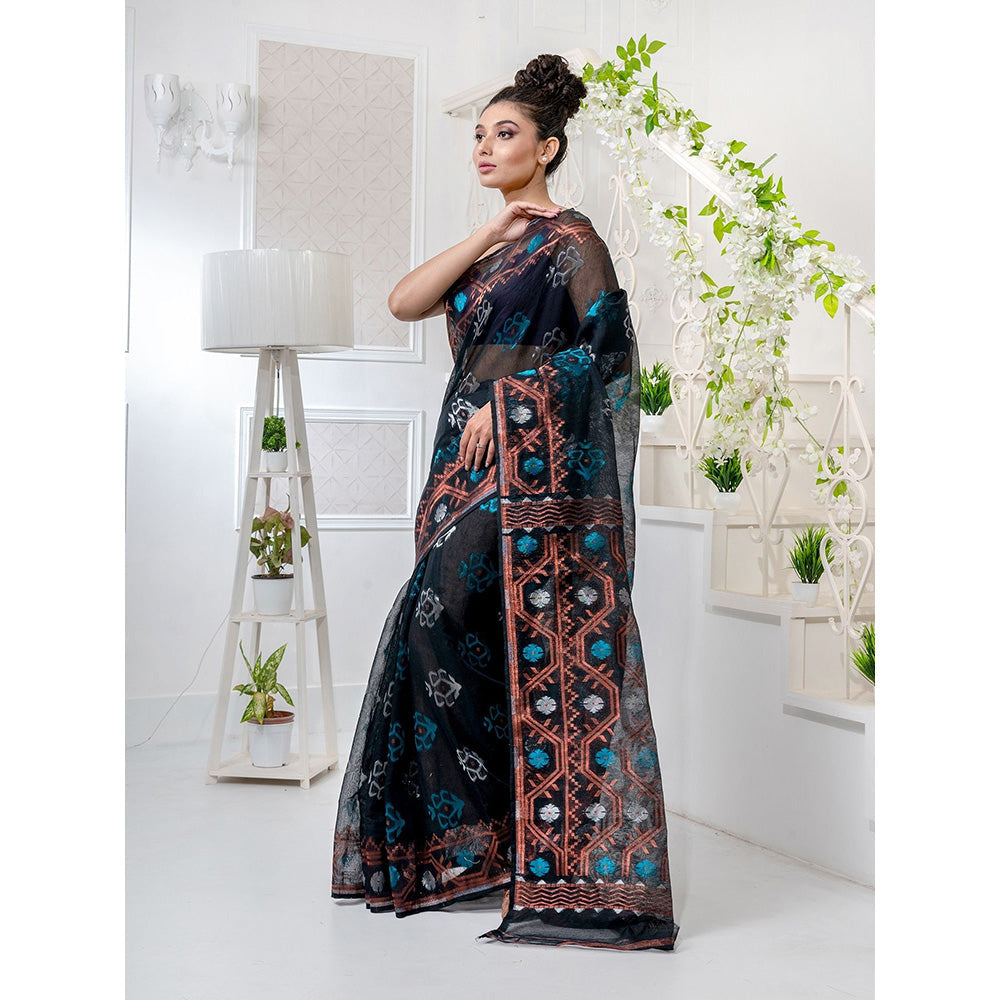 CHARUKRITI Black Silk Cotton Handwoven Jamdani Saree