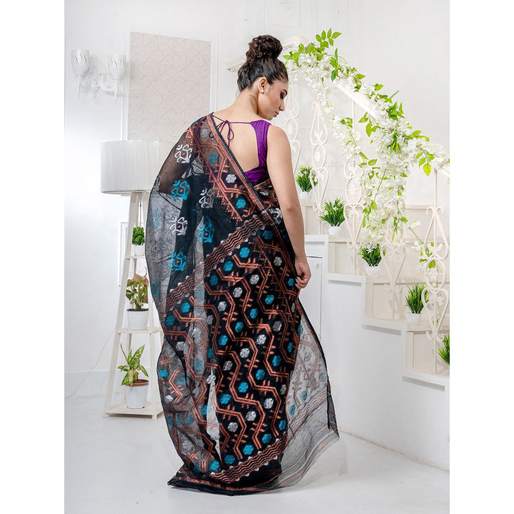 CHARUKRITI Black Silk Cotton Handwoven Jamdani Saree