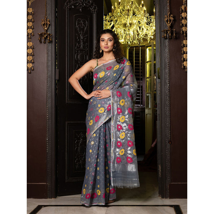 CHARUKRITI Grey Silk Cotton Handwoven Jamdani Saree