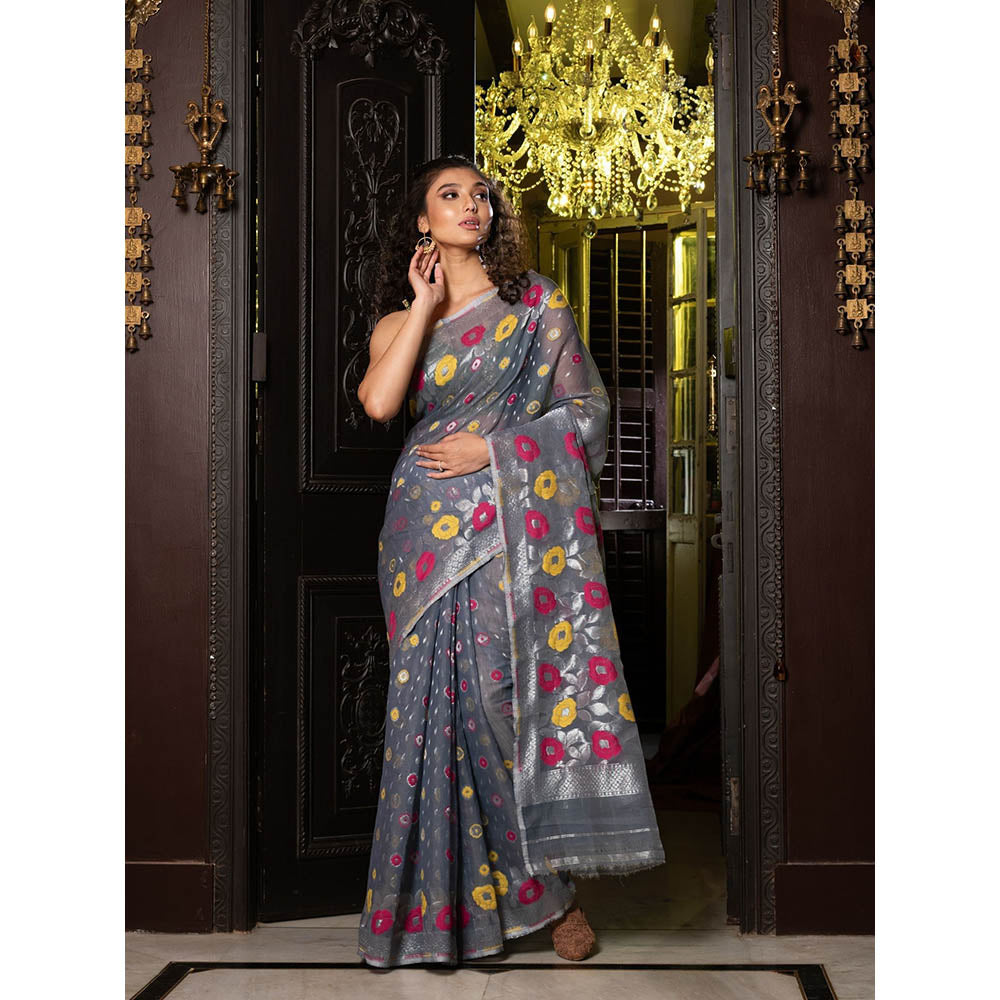 CHARUKRITI Grey Silk Cotton Handwoven Jamdani Saree