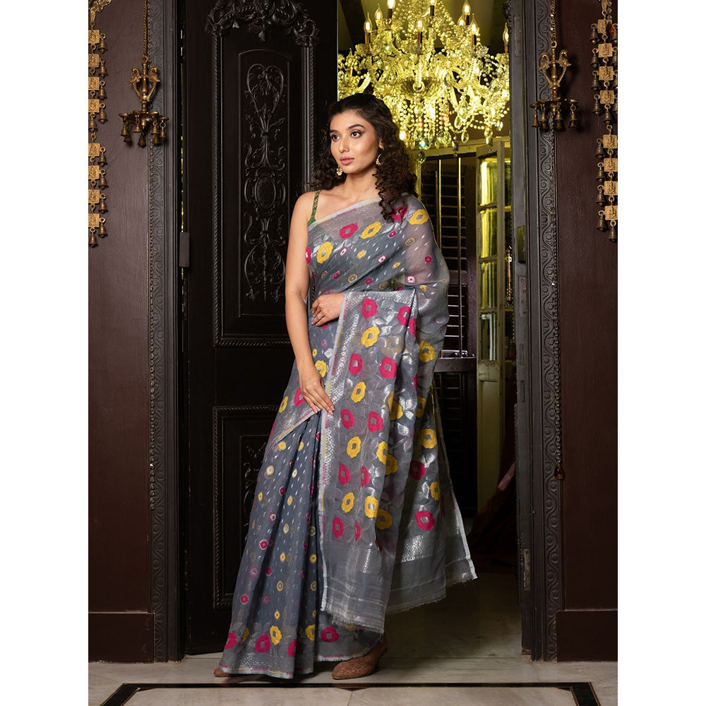 CHARUKRITI Grey Silk Cotton Handwoven Jamdani Saree