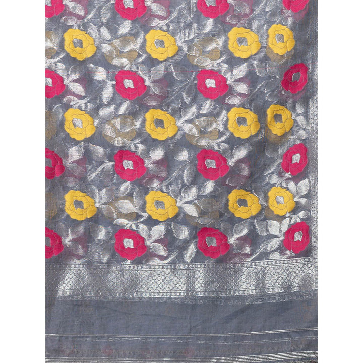 CHARUKRITI Grey Silk Cotton Handwoven Jamdani Saree