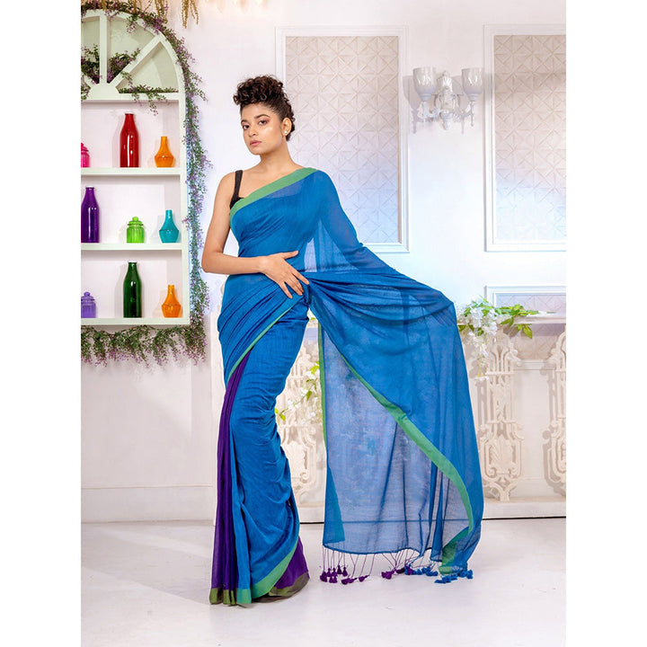 CHARUKRITI Blue And Violet Pure Cotton Half Handwoven Soft Saree with Unstitched Blouse