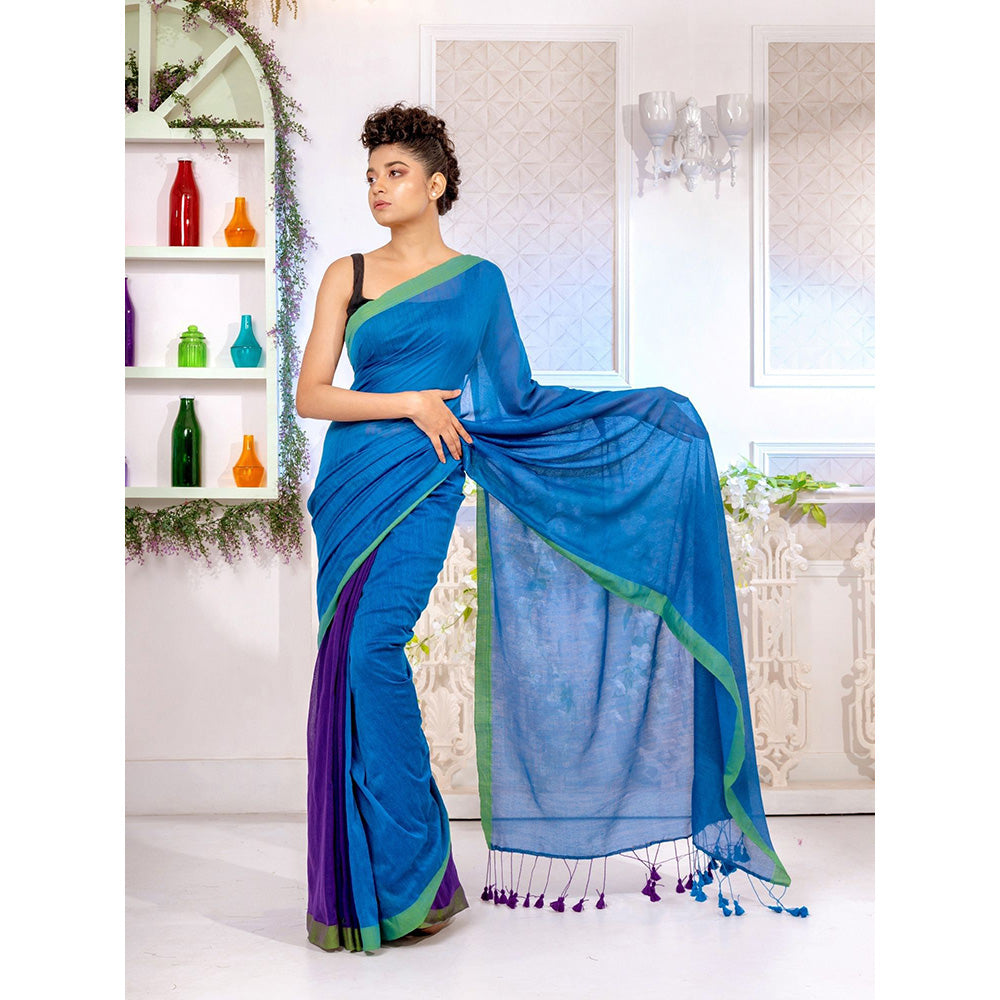 CHARUKRITI Blue And Violet Pure Cotton Half Handwoven Soft Saree with Unstitched Blouse