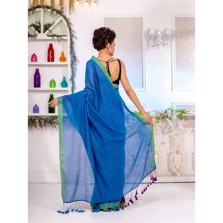 CHARUKRITI Blue And Violet Pure Cotton Half Handwoven Soft Saree with Unstitched Blouse