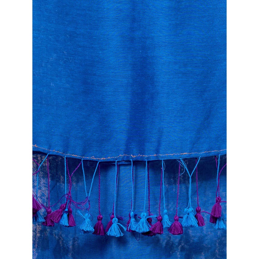 CHARUKRITI Blue And Violet Pure Cotton Half Handwoven Soft Saree with Unstitched Blouse