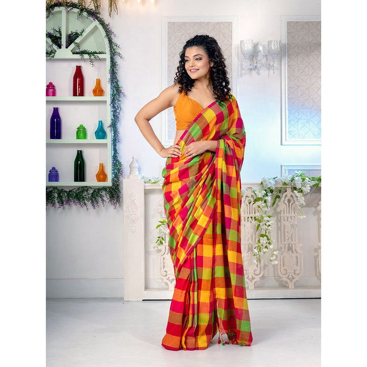 CHARUKRITI Multicolour Pure Cotton Handwoven Soft Saree with Box Design with Unstitched Blouse