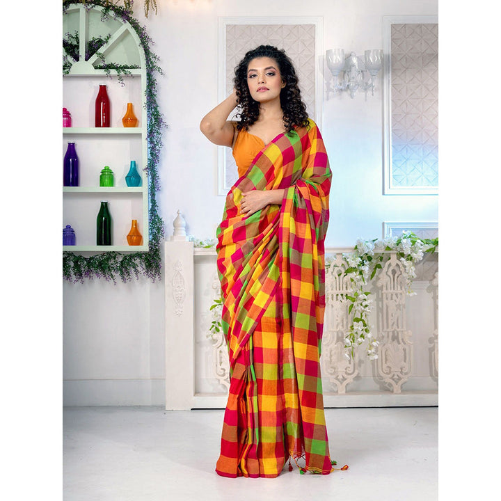 CHARUKRITI Multicolour Pure Cotton Handwoven Soft Saree with Box Design with Unstitched Blouse