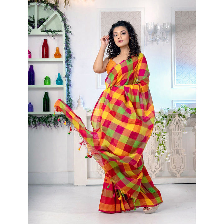 CHARUKRITI Multicolour Pure Cotton Handwoven Soft Saree with Box Design with Unstitched Blouse