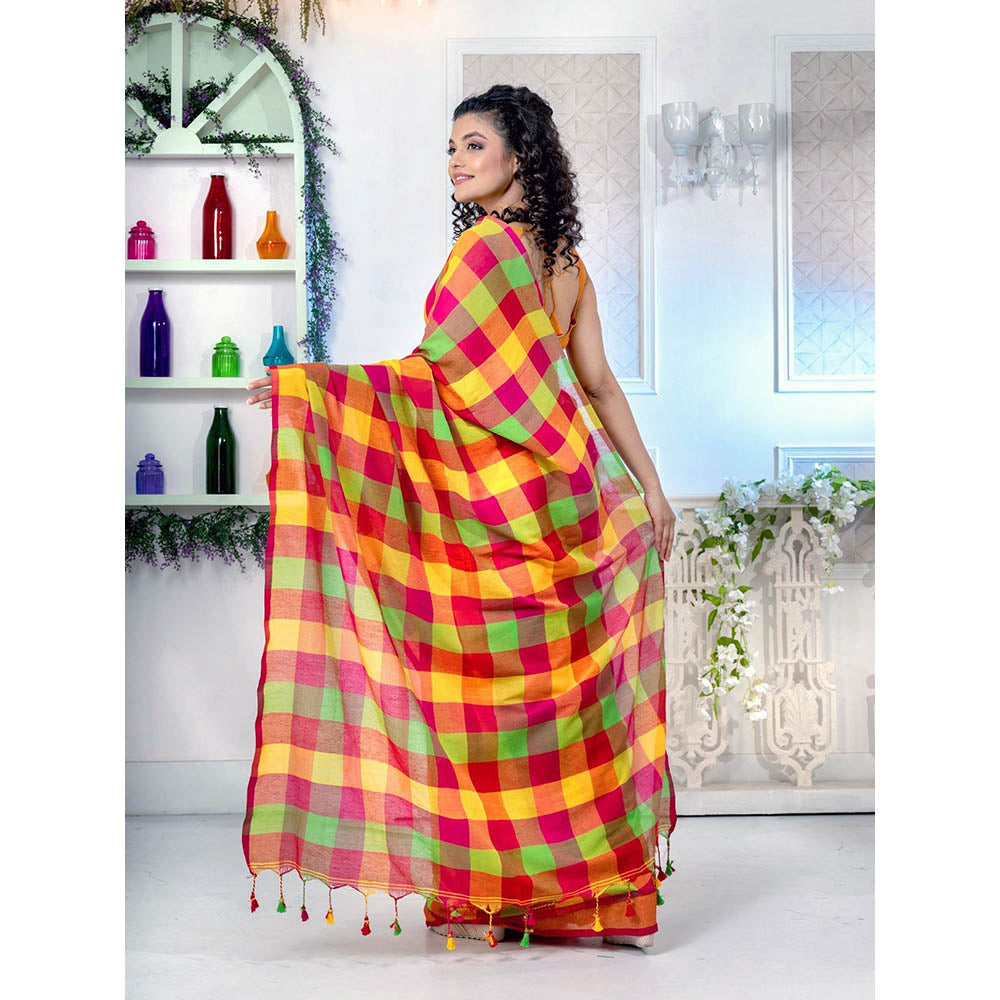 CHARUKRITI Multicolour Pure Cotton Handwoven Soft Saree with Box Design with Unstitched Blouse