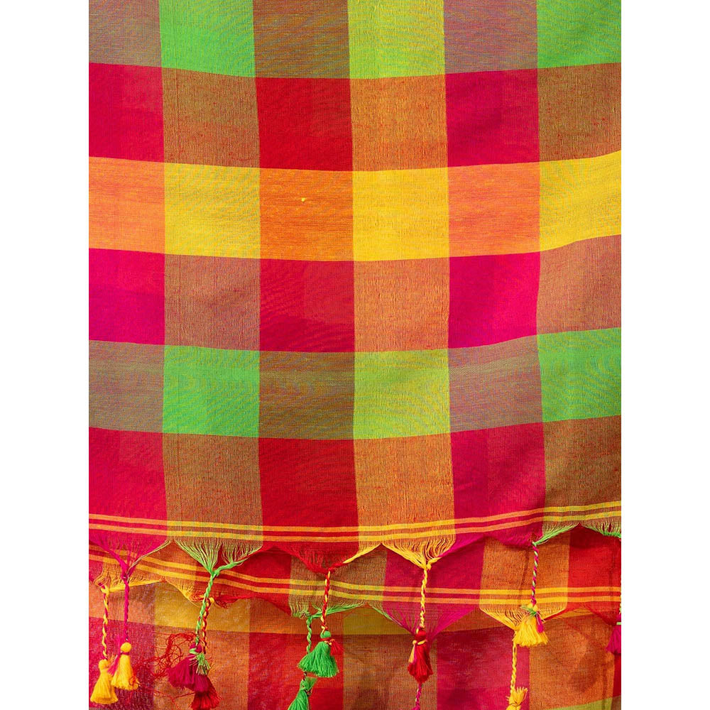 CHARUKRITI Multicolour Pure Cotton Handwoven Soft Saree with Box Design with Unstitched Blouse