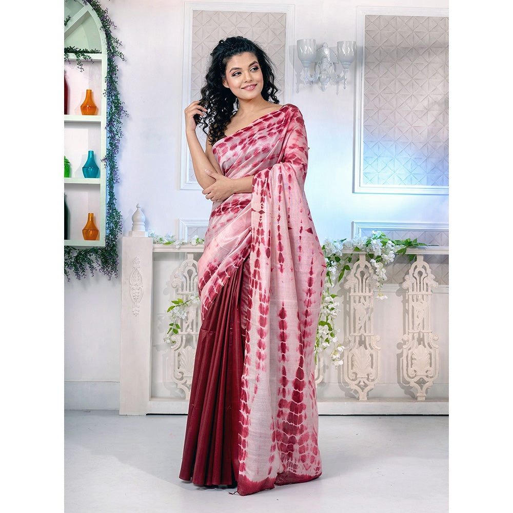 CHARUKRITI Wine Red Blended Tusser Ombre Saree with Half Tie and Dye with Unstitched Blouse