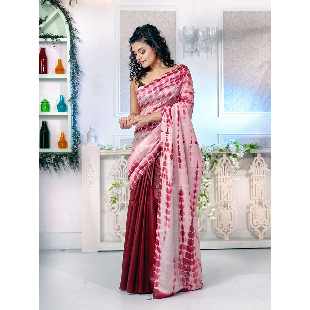 CHARUKRITI Wine Red Blended Tusser Ombre Saree with Half Tie and Dye with Unstitched Blouse