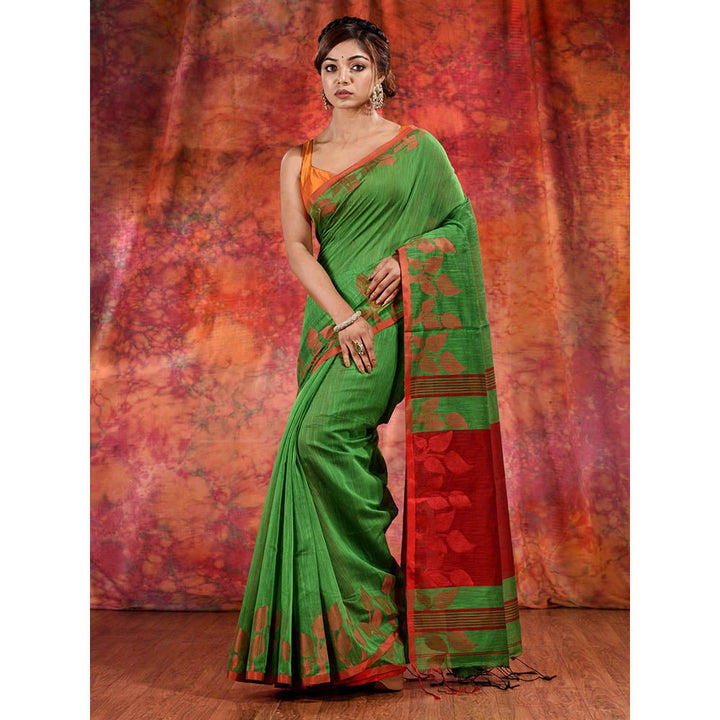 CHARUKRITI Green Blended Cotton Handwoven Saree with Texture Design and Unstitched Blouse