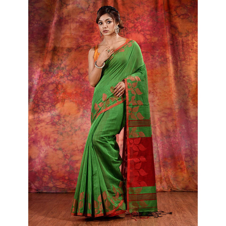 CHARUKRITI Green Blended Cotton Handwoven Saree with Texture Design and Unstitched Blouse