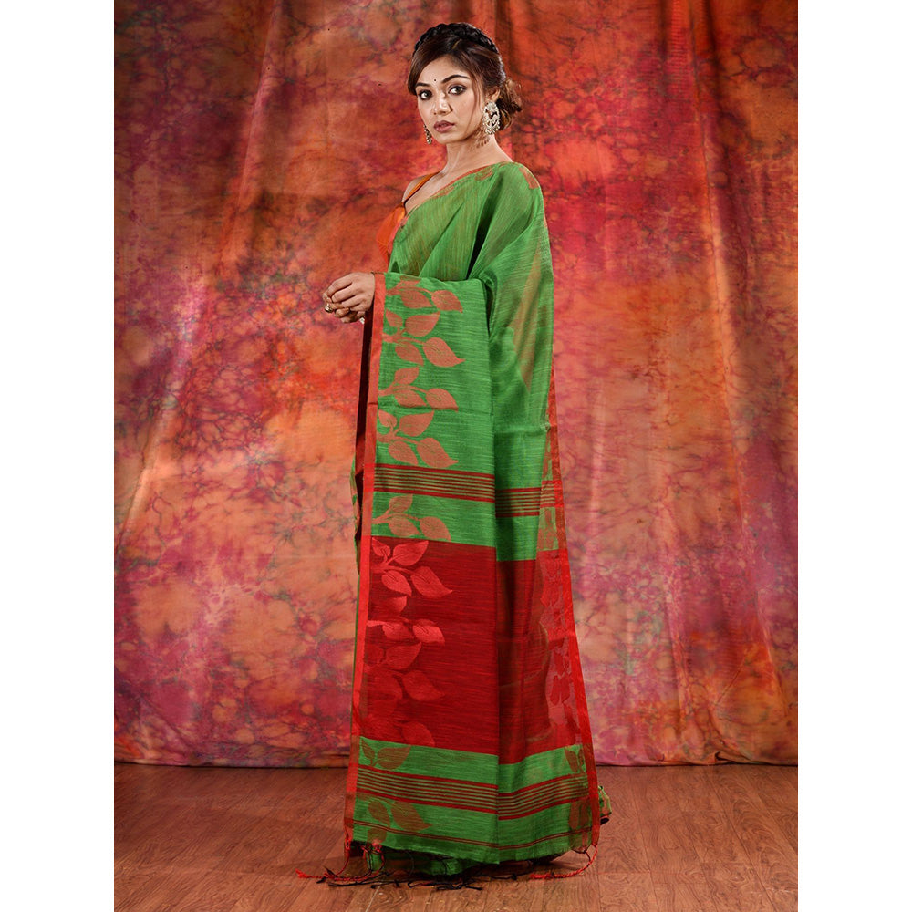 CHARUKRITI Green Blended Cotton Handwoven Saree with Texture Design and Unstitched Blouse