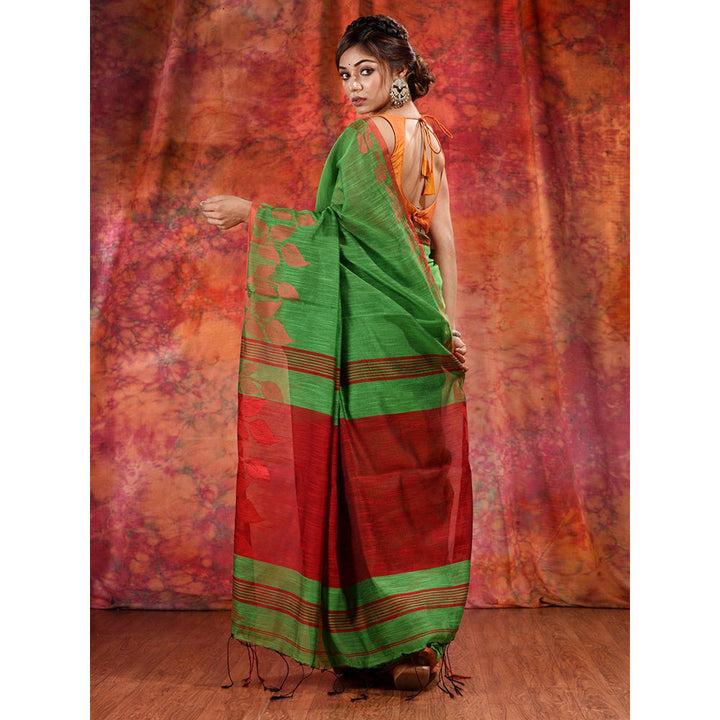 CHARUKRITI Green Blended Cotton Handwoven Saree with Texture Design and Unstitched Blouse