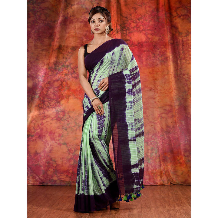 CHARUKRITI Green Cotton Soft Handwoven Tie Dye Saree and Unstitched Blouse