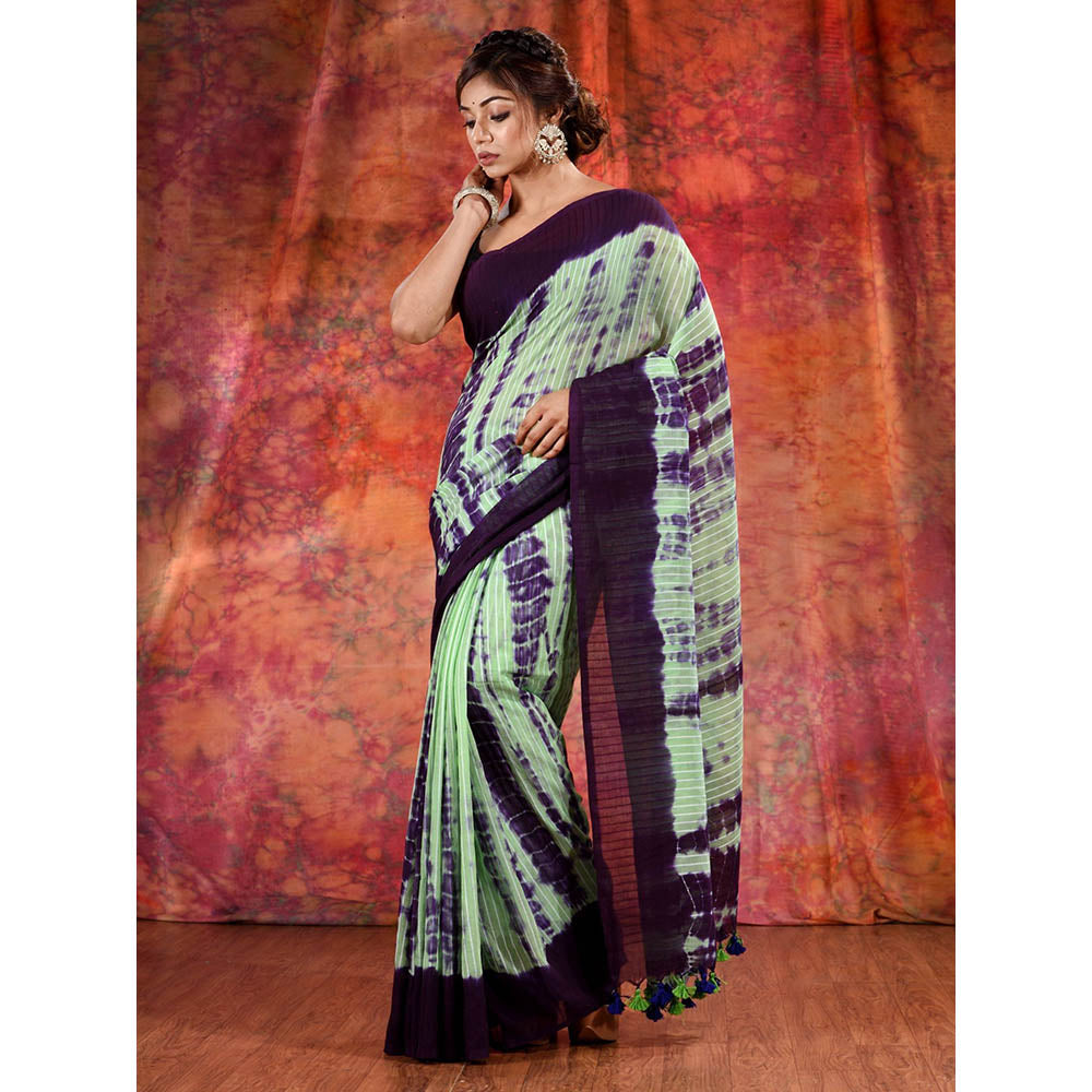 CHARUKRITI Green Cotton Soft Handwoven Tie Dye Saree and Unstitched Blouse