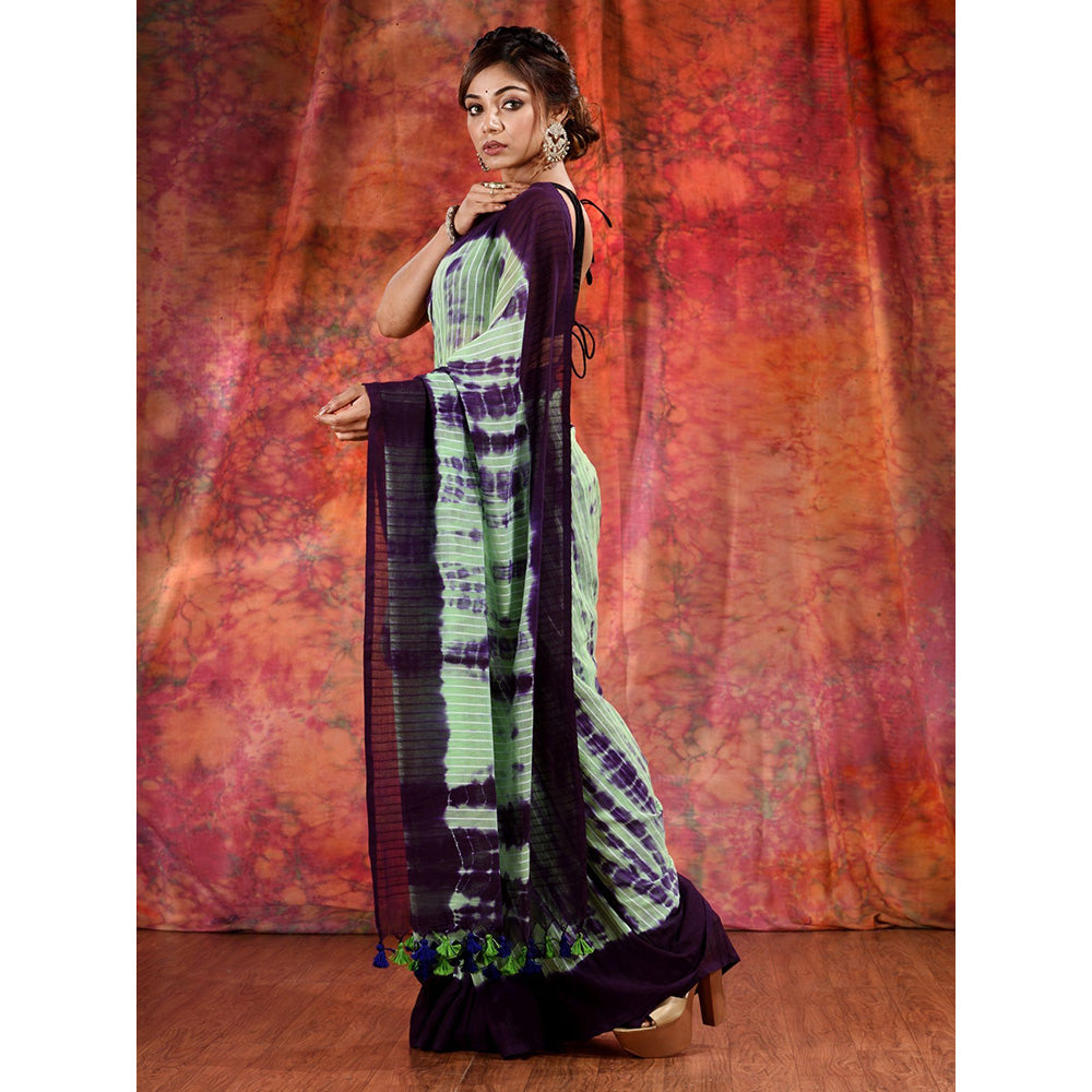 CHARUKRITI Green Cotton Soft Handwoven Tie Dye Saree and Unstitched Blouse