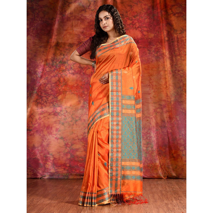 CHARUKRITI Orange Blend Tusser Duel Tone Saree and Geometric Design in Pallu & Unstitched Blouse