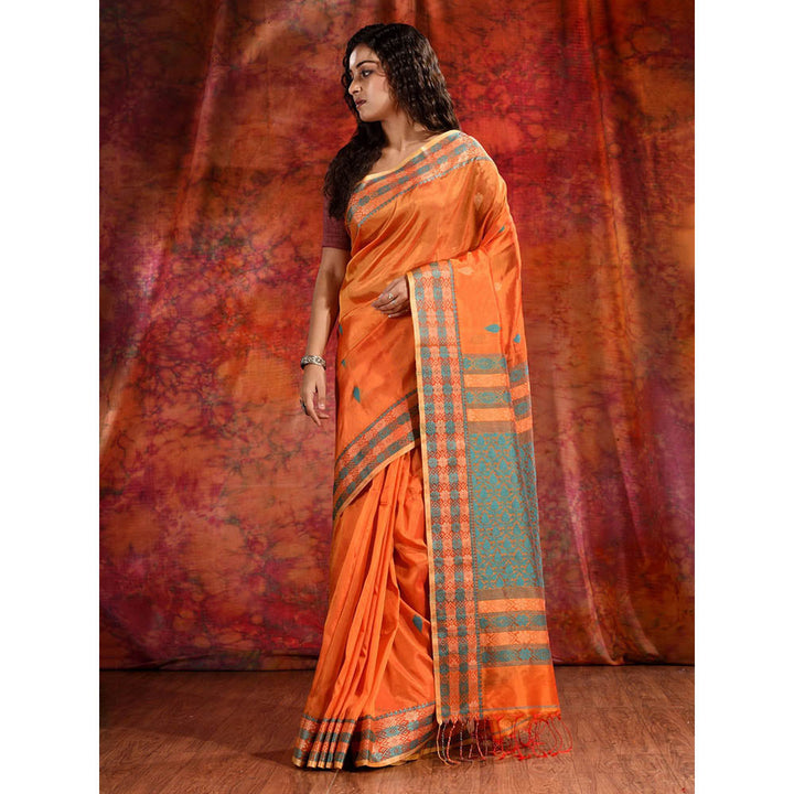 CHARUKRITI Orange Blend Tusser Duel Tone Saree and Geometric Design in Pallu & Unstitched Blouse