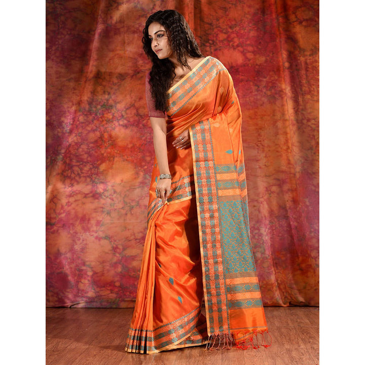 CHARUKRITI Orange Blend Tusser Duel Tone Saree and Geometric Design in Pallu & Unstitched Blouse