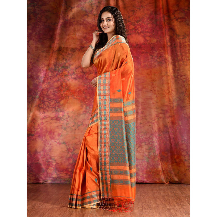 CHARUKRITI Orange Blend Tusser Duel Tone Saree and Geometric Design in Pallu & Unstitched Blouse