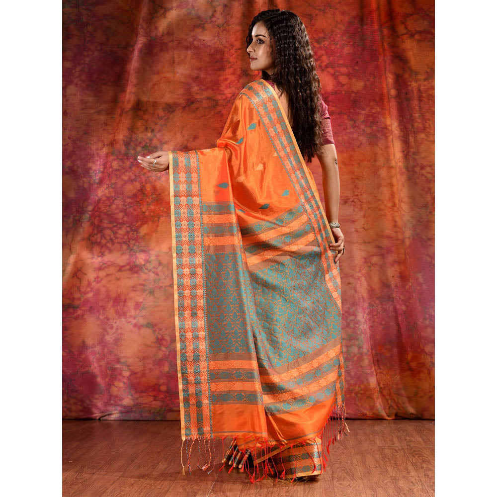 CHARUKRITI Orange Blend Tusser Duel Tone Saree and Geometric Design in Pallu & Unstitched Blouse