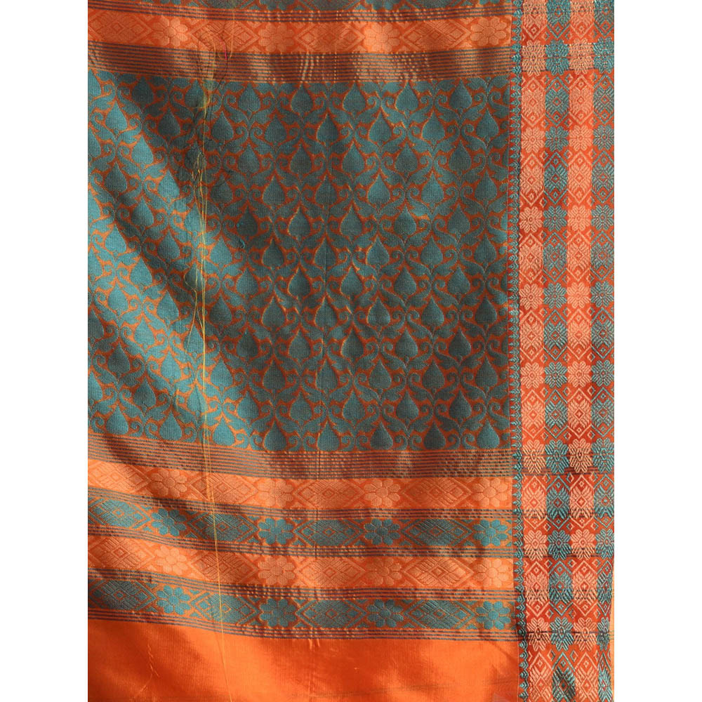 CHARUKRITI Orange Blend Tusser Duel Tone Saree and Geometric Design in Pallu & Unstitched Blouse